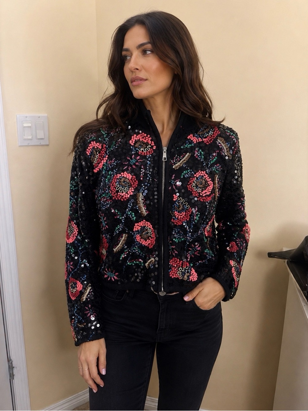 Maeve for Anthropologie Black Sequin Floral Bomber cardigan sweater